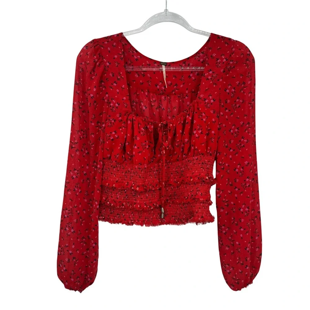 Free People Red Floral Smocked‎ Crop Top Long Sleeve Country Boho Blouse Medium